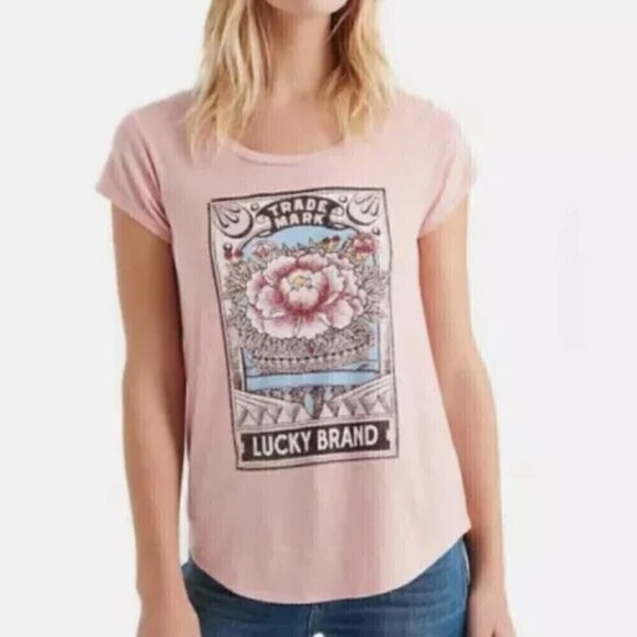 Lucky Brand Tops - Lucky Brand T-Shirt Size Small Floral Cabbage Rose Trademark Peach Graphic Print